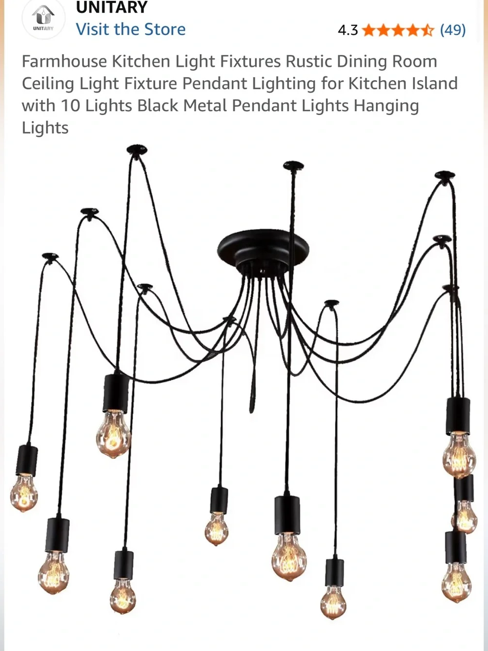 Unitary Modern Industrial Chandelier 10-Light Fixture Black New